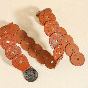 Elegant Brown Vegan Leather Belt with Circular Design